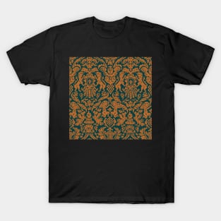 Gold on Teal Weird Medieval Lions, Cherubs, and Skulls Scrollwork Damask T-Shirt